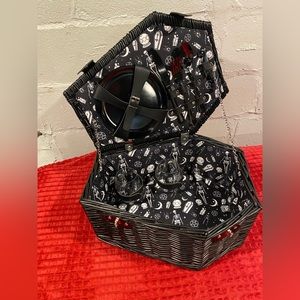 Dolls Kill *NEW* “Dig Your Grave” black wicker picnic basket, wine glasses